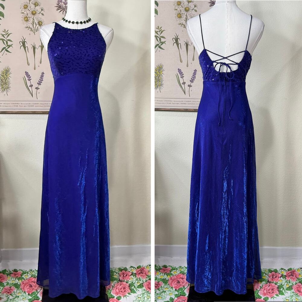 Vtg 90s Y2k Sequin Lace Up Corset Back Formal Dress Party Glam Sexy Romantic S